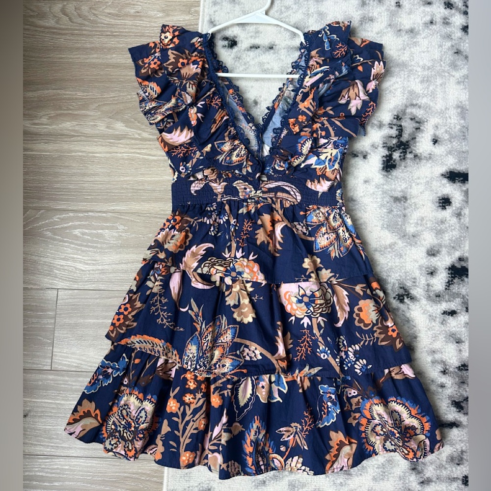 Anthropologie Navy Floral Ruffle V‑Neck Mini Dress